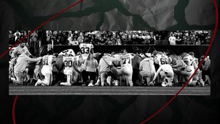 Photo illustration collage of Buffalo Bills players huddle and pray after teammate Damar Hamlin collapse, in front of a background of torn paper